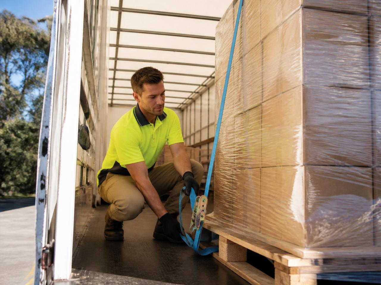 Worker carefully securing palletised freight inside a trailer