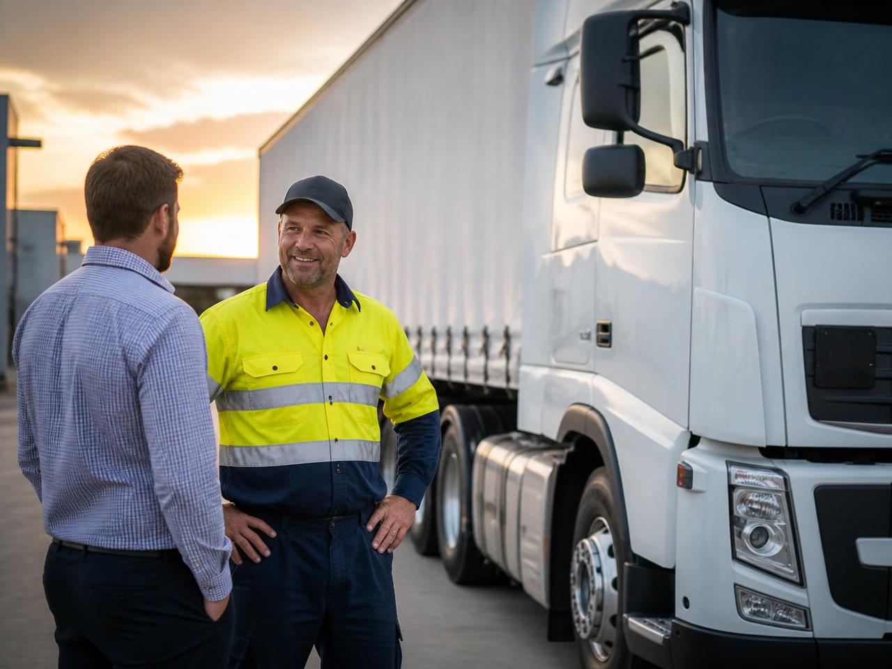 Moovd driver talking with a customer beside a truck at sunrise