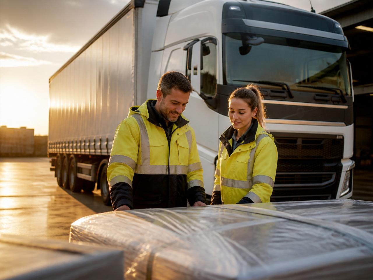 Two team members checking freight together in a yard at first light