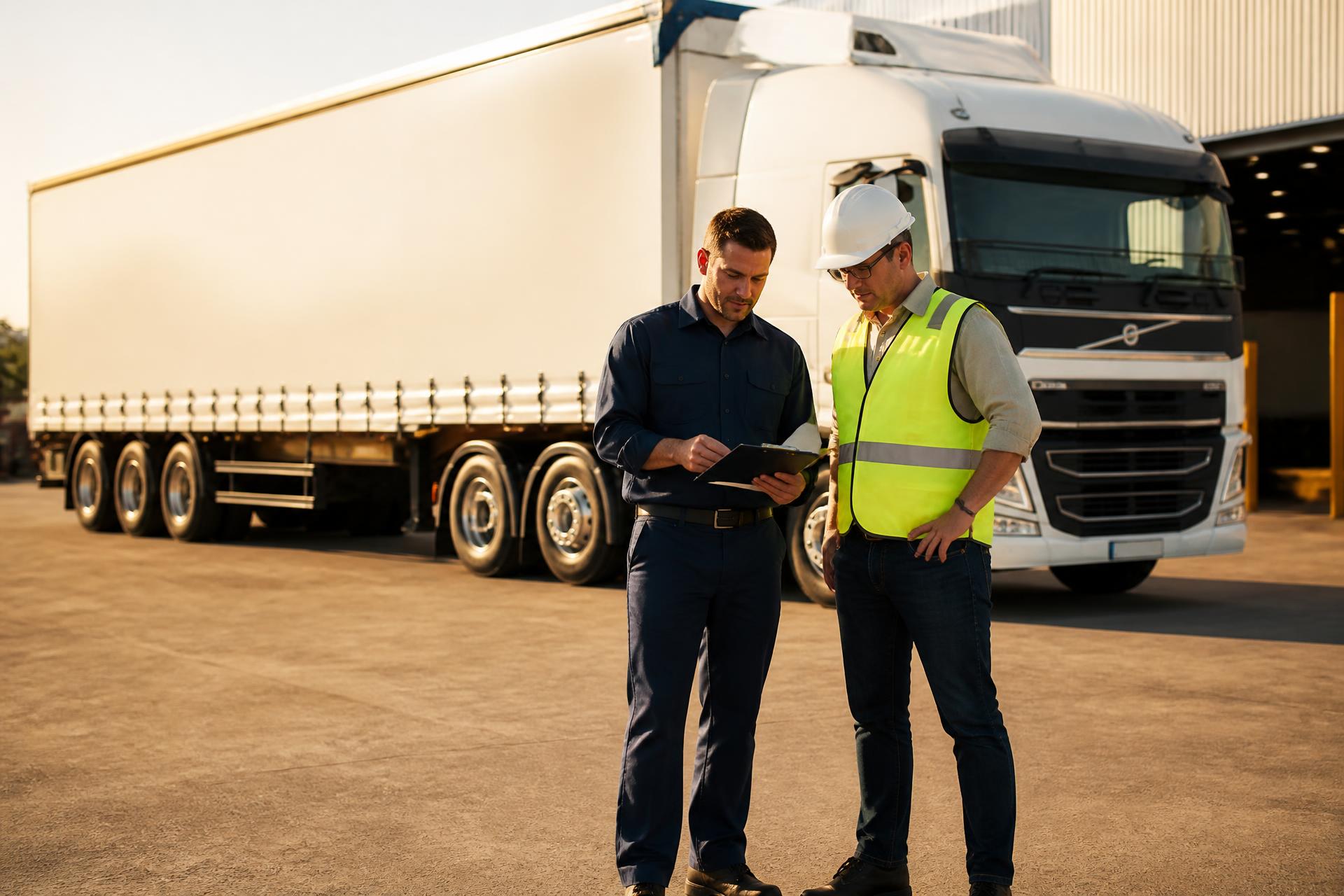 Moovd truck driver reviewing freight paperwork with a warehouse worker beside a white truck at an Australian depot