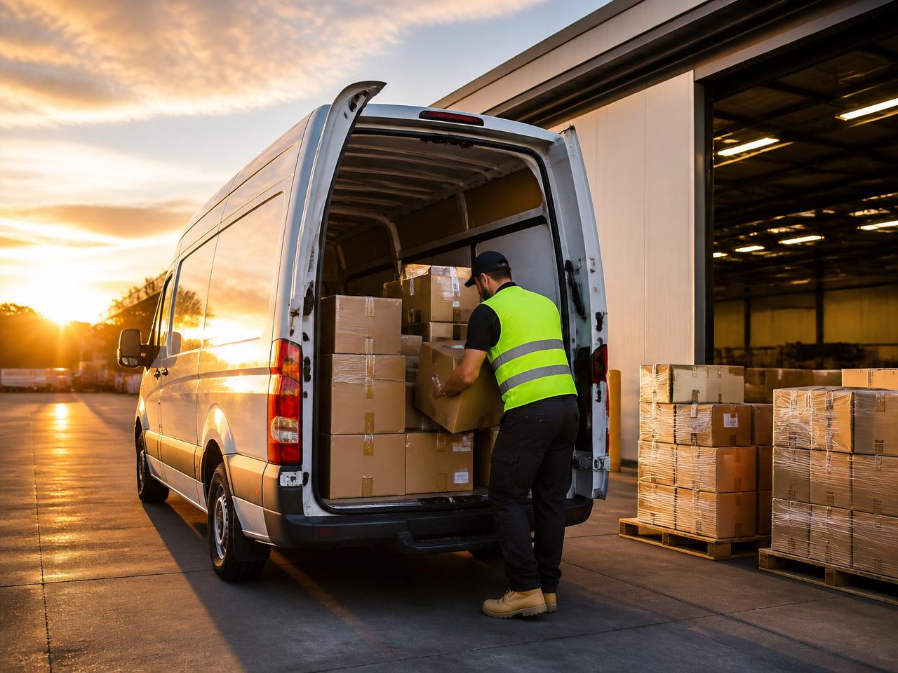 Courier van being loaded with parcels at an Australian depot