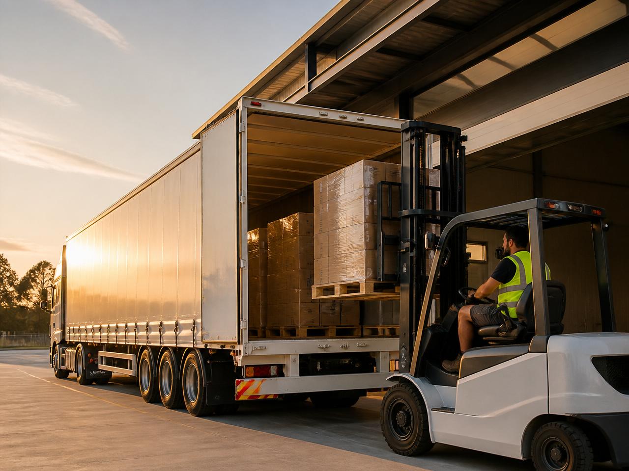 Forklift loading general freight pallets into a curtain-side trailer